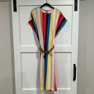 SHEIN Batwing Sleeve Multicolor Striped  Dress with Belt Like New